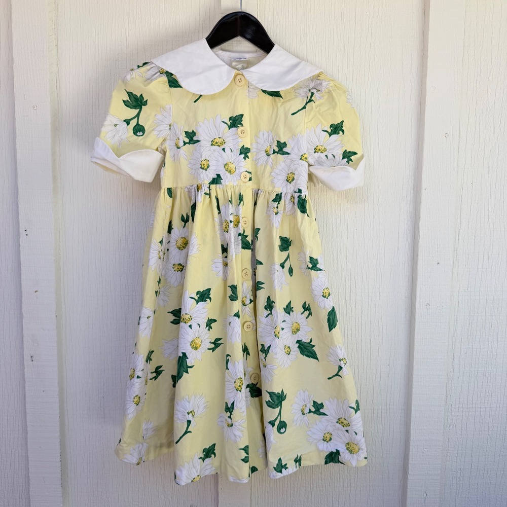 Vintage Hartstrings Girls Yellow Daisy Floral Dress White Collar Made in USA 8